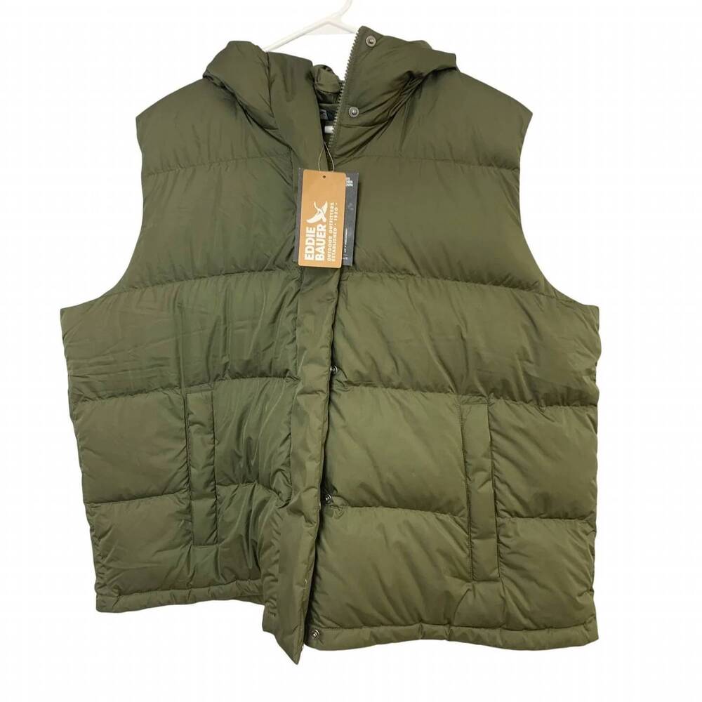 NEW EDDIE BAUER women's down hooded ketchum sport vest - plus in dark green